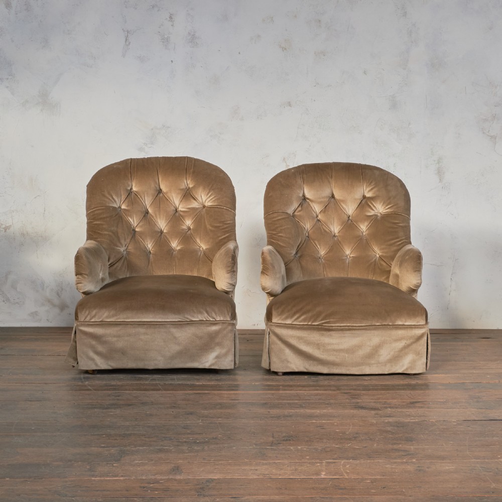Pair of Antique Bedroom Chairs - taupe velvet.
 View VII