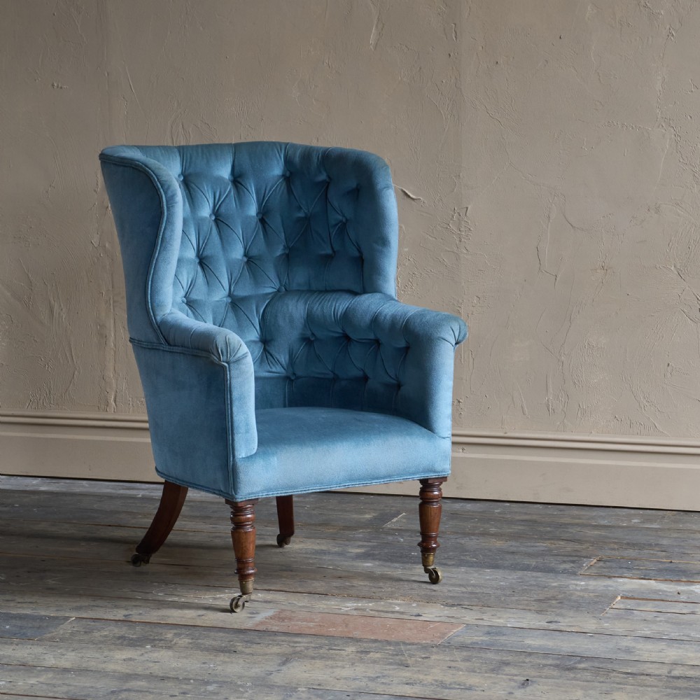 Antique Porters Barrel Back Armchair - blue velvet