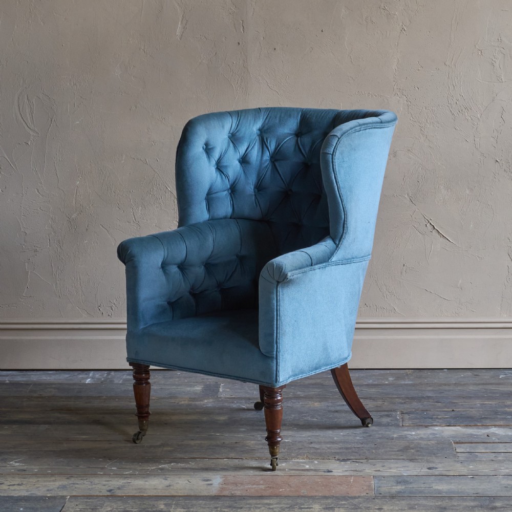 Antique Porters Barrel Back Armchair - blue velvet View IV
