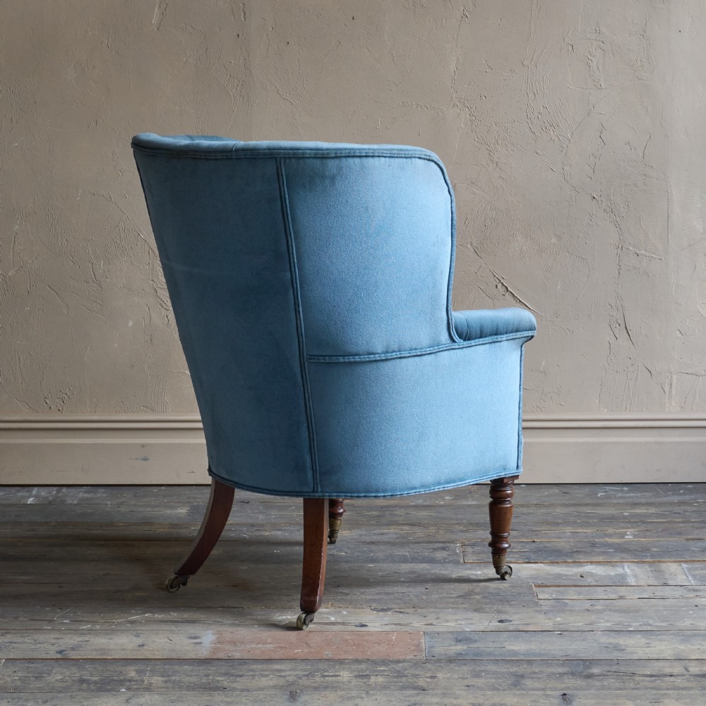 Antique Porters Barrel Back Armchair - blue velvet View VI