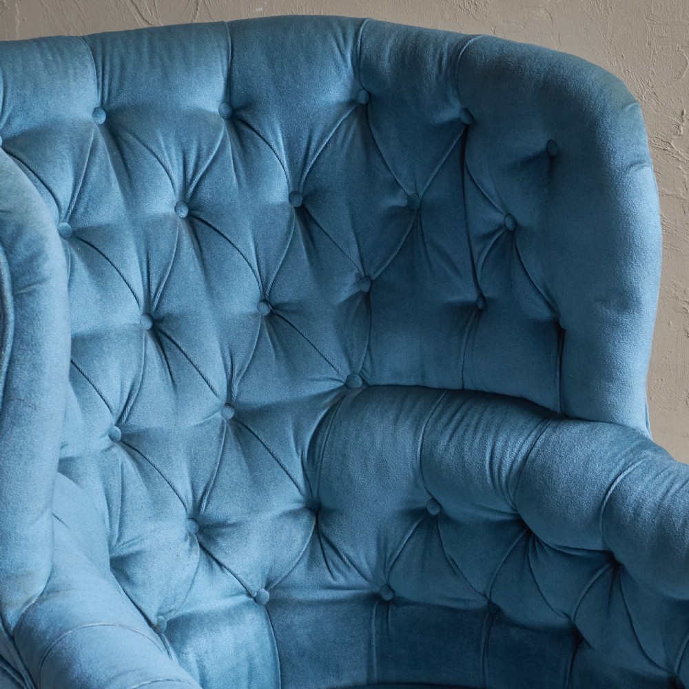 Antique Porters Barrel Back Armchair - blue velvet View VII