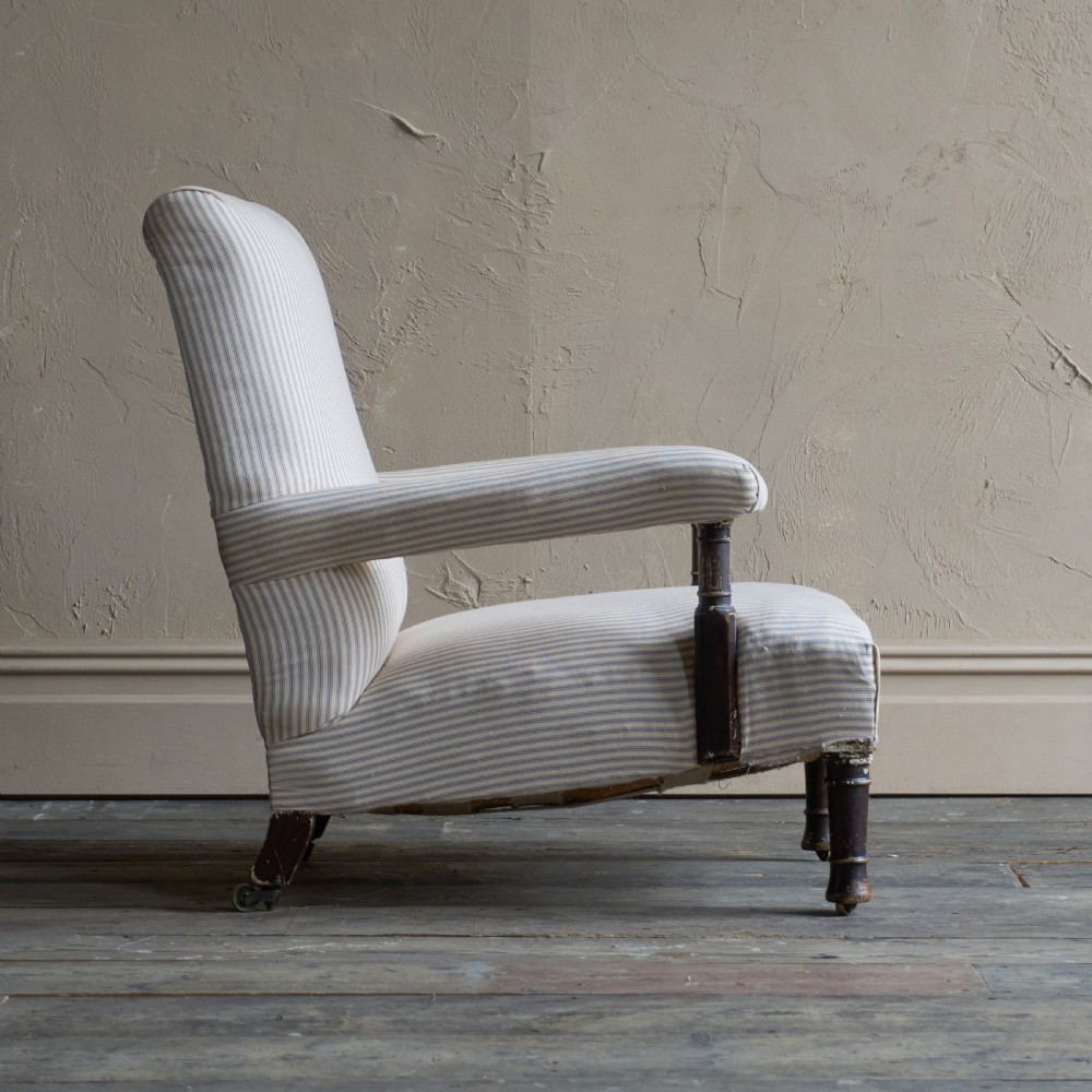 Antique Open Armchair in striped ticking View II