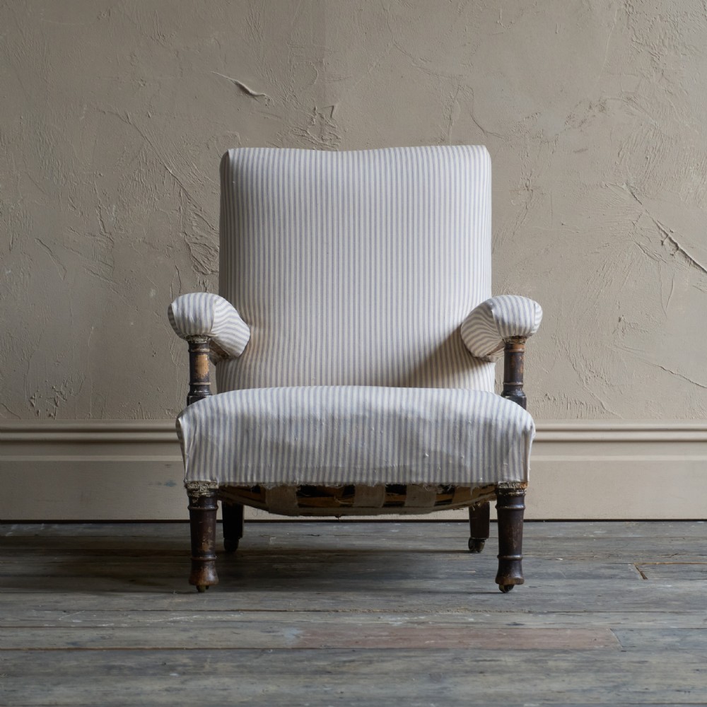 Antique Open Armchair in striped ticking View III
