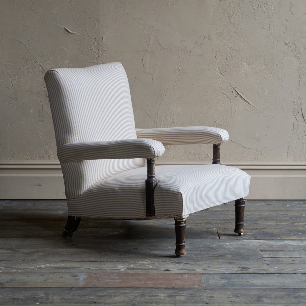 Antique Open Armchair in striped ticking View IV