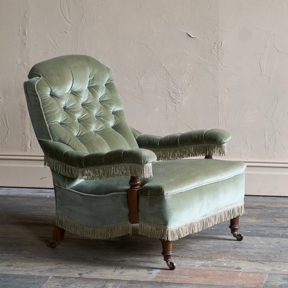 Antique Open Armchair in sage green velvet with tassel trim.
 View II
