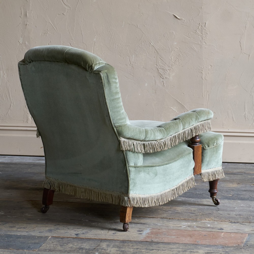 Antique Open Armchair in sage green velvet with tassel trim.
 View IV