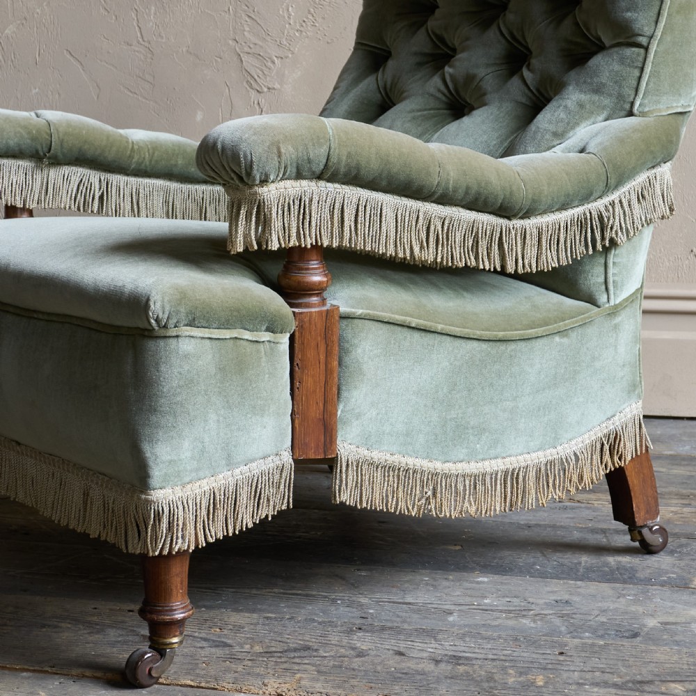 Antique Open Armchair in sage green velvet with tassel trim.
 View VII