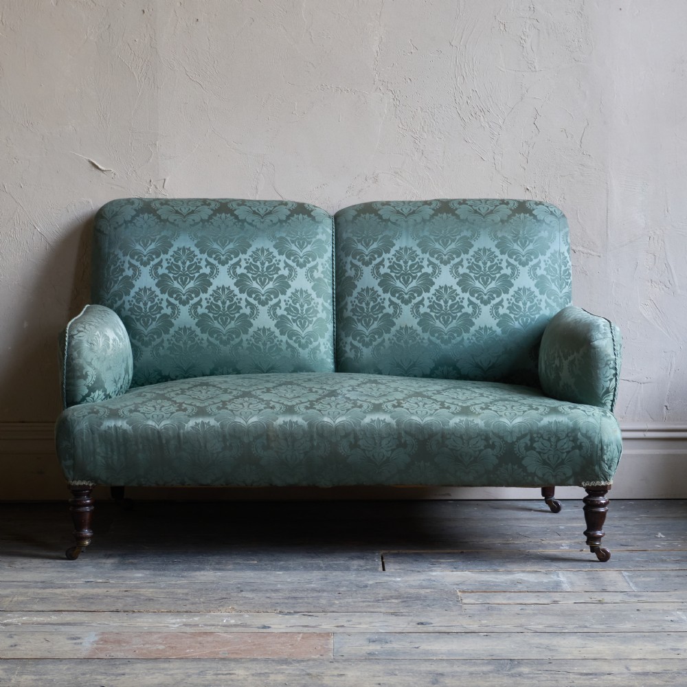 Antique bedroom sofa in green damask View II