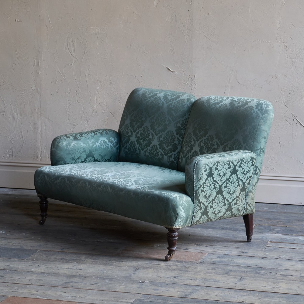 Antique bedroom sofa in green damask View III