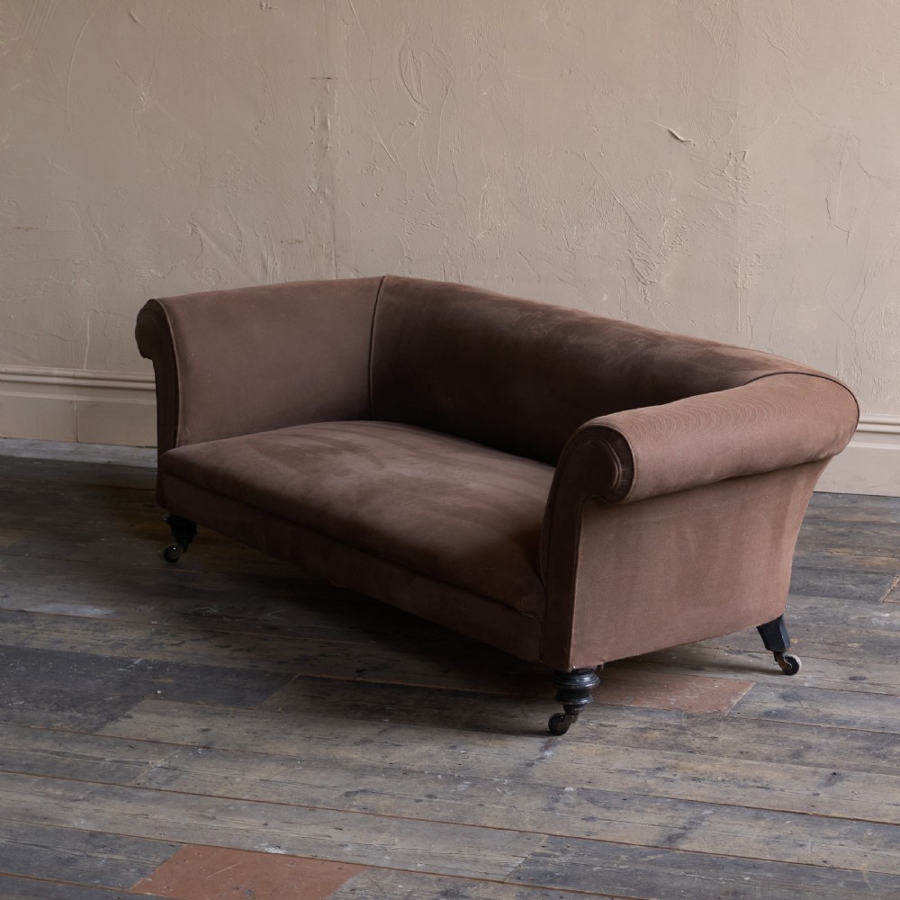 Antique Chesterfield Sofa- ebonised legs, brown heavy cotton covering
