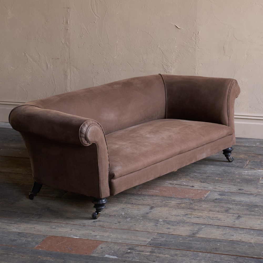 Antique Chesterfield Sofa- ebonised legs, brown heavy cotton covering
 View III