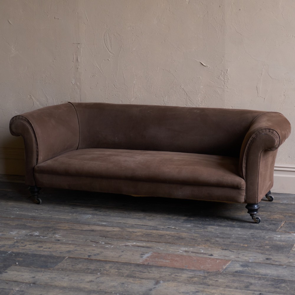 Antique Chesterfield Sofa- ebonised legs, brown heavy cotton covering
 View IV