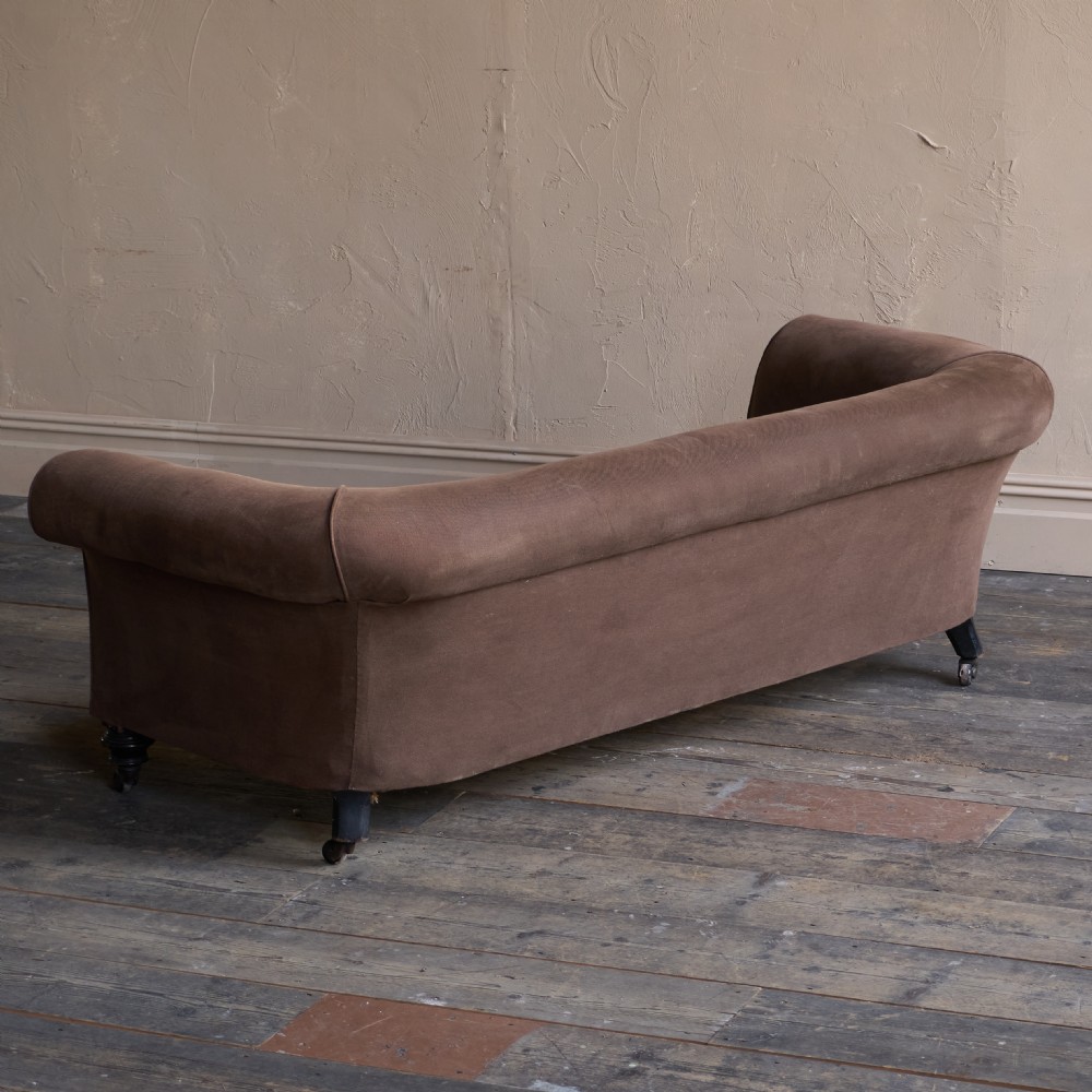 Antique Chesterfield Sofa- ebonised legs, brown heavy cotton covering
 View V