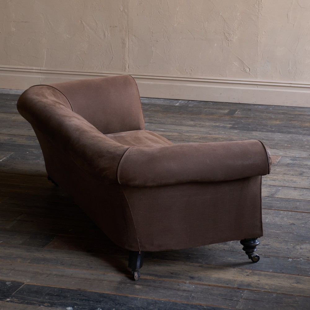 Antique Chesterfield Sofa- ebonised legs, brown heavy cotton covering
 View VI