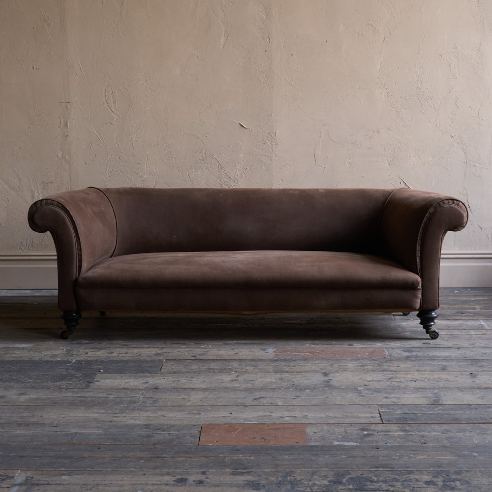 Antique Chesterfield Sofa- ebonised legs, brown heavy cotton covering
 View VII