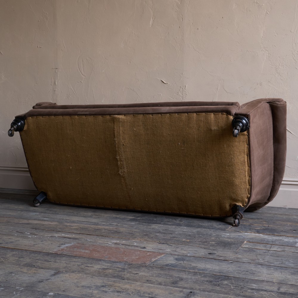 Antique Chesterfield Sofa- ebonised legs, brown heavy cotton covering
 View VIII
