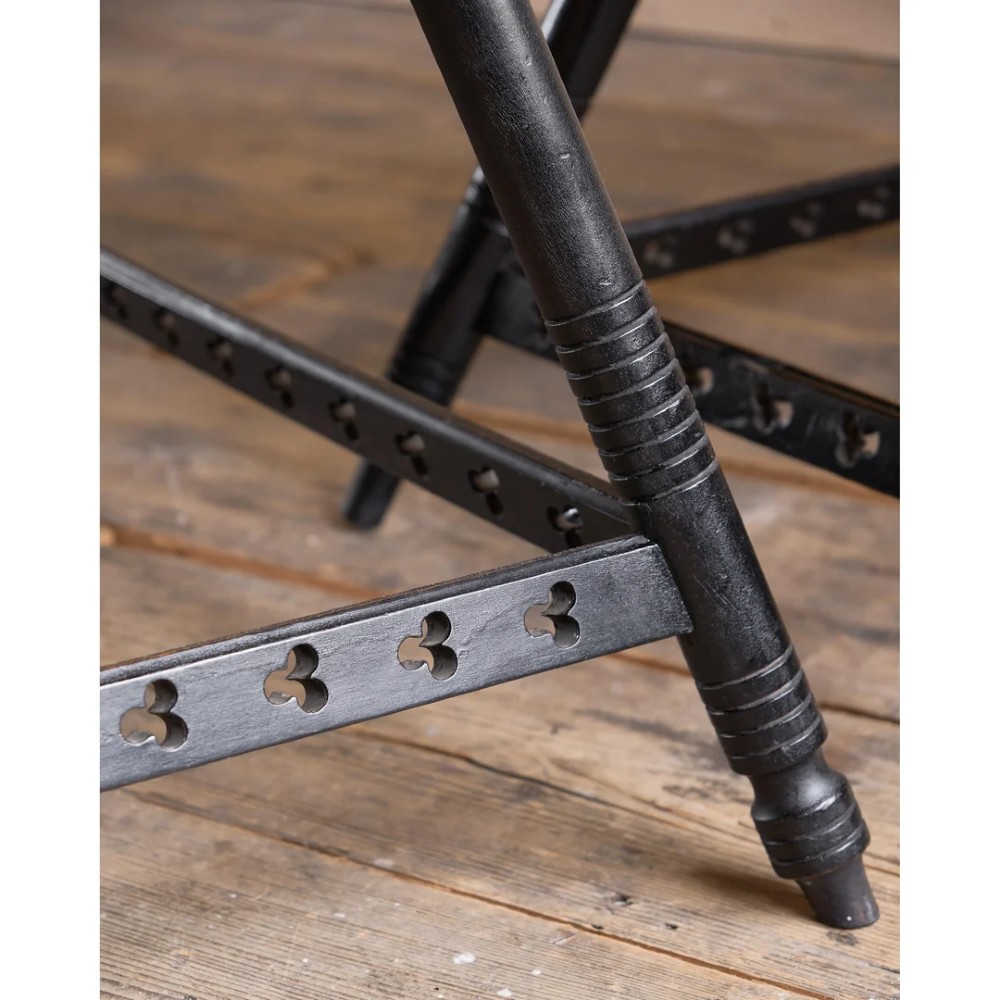A matched pair of square ebonised wooden side tables with splayed turned legs and decorative pierced lower stretchers. View XIV