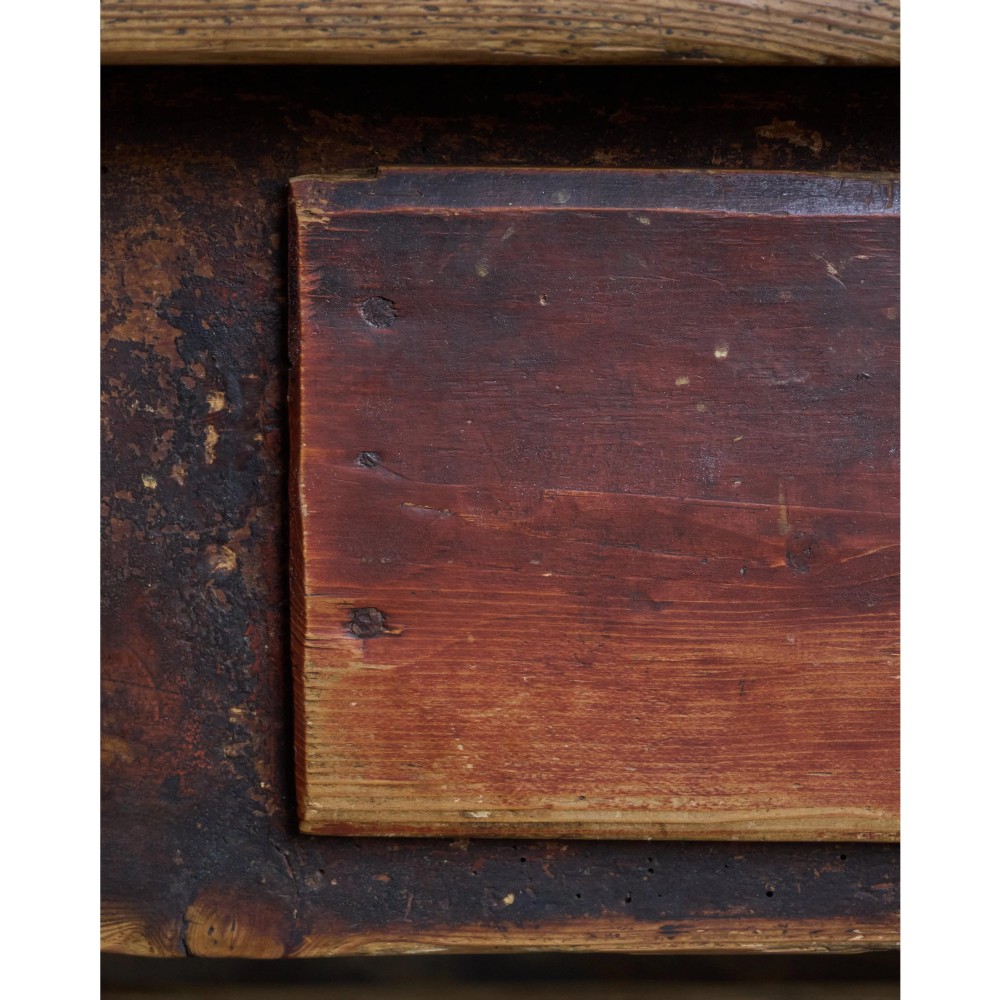 A rustic Swedish painted pine table featuring a scrubbed rectangular top, single frieze drawer, and dark painted base with box stretchers. View IX