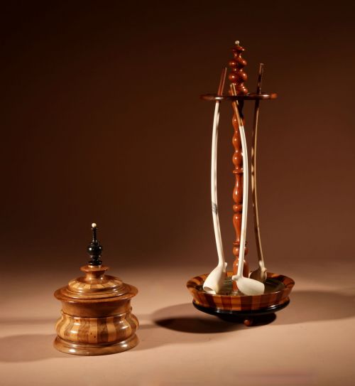 TREEN TOBACCO INTEREST A SET OF A MAHOGANY COOPERED PIPE STAND AND ITS COOPERED MAHOGANY TOBACCO BOX