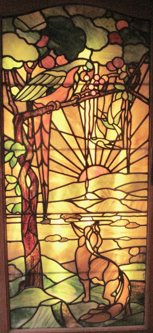 TIFFANY STYLE LEADED GLASS PARROT AND FOX DOOR WINDOW - ADDITIONAL PHOTO 1