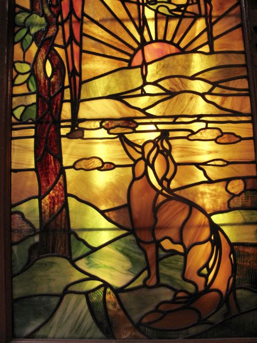 TIFFANY STYLE LEADED GLASS PARROT AND FOX DOOR WINDOW - ADDITIONAL PHOTO 2