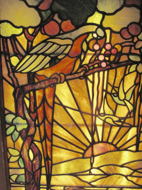 TIFFANY STYLE LEADED GLASS PARROT AND FOX DOOR WINDOW - ADDITIONAL PHOTO 3