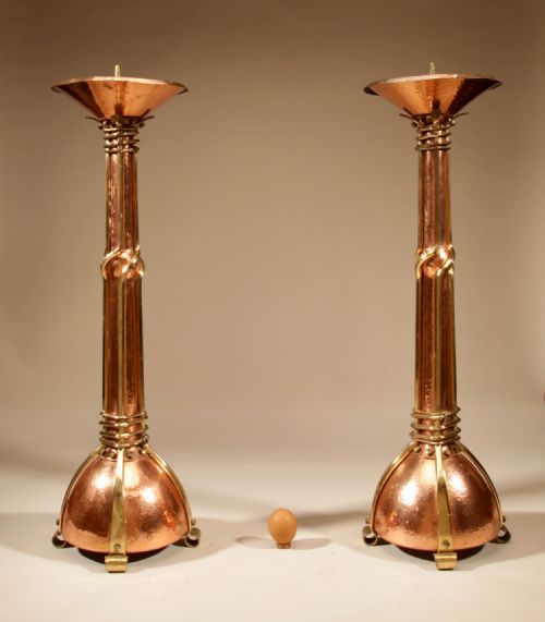 ART NOUVEAUART DECO DUTCH SCHOOL IMPORTANT IMPRESSIVE LARGE PAIR OF COPPER AND BRASS SIGNED PRICKET CANDLESTICKS - ADDITIONAL PHOTO 1