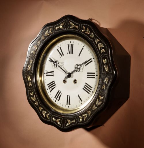 A FRENCH EBONISED INLAID MOTHER OF PEARL AND METAL WIRE WALL CLOCK - ADDITIONAL PHOTO 2