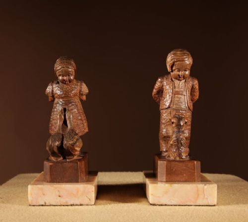 BLACK FOREST ORIGINAL PAIR OF FINE CARVED SCULPTURES OF A BOY AND GIRL - ADDITIONAL PHOTO 4