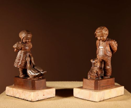 BLACK FOREST ORIGINAL PAIR OF FINE CARVED SCULPTURES OF A BOY AND GIRL - ADDITIONAL PHOTO 6