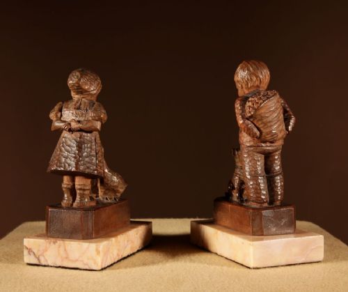 BLACK FOREST ORIGINAL PAIR OF FINE CARVED SCULPTURES OF A BOY AND GIRL - ADDITIONAL PHOTO 8