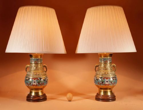 Impressive Pair Of Japanese Brass And Enamel Champlevé Japanese Table Lamps.