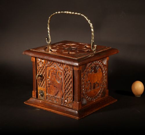 A Very Interesting Dated 1901 Partly Painted and Chip Carved Foot Stove.