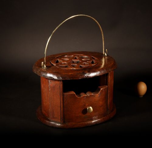 An Oval 19th Century Oak Dutch Foot Stove. carved on Top in the Style of the Typical Turkish Knot