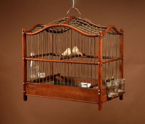An Anglo-Dutch mahogany and brass birdcage featuring an arched wire dome roof, slide-out drawer tray, wooden perches, and accompanying glass vessels. View IX