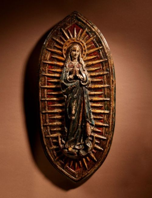 A Very Rare Oak Medieval Sculpture of a Central Panel from an Altarpiece of the Praying Virgin Standing on the Half Moon with the Snake.