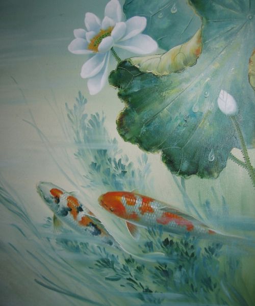 An Unusual Very Decorative Oil Painting Of Koi Carp, Very Detailed Painted. View II