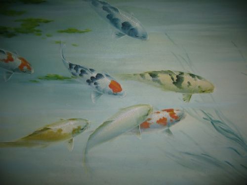 An Unusual Very Decorative Oil Painting Of Koi Carp, Very Detailed Painted. View III