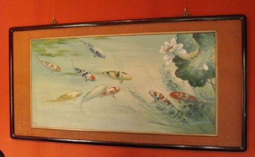 An Unusual Very Decorative Oil Painting of Koi Carp, Very Detailed Painted.