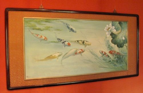An Unusual Very Decorative Oil Painting Of Koi Carp, Very Detailed Painted. View VII