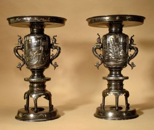 A Very Decorative Pair Of Impressive Oriental Bronze Inlaid Vases, Japan Meiji Period, ( 1868-1912)