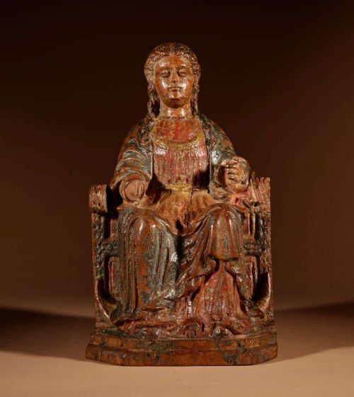 An Interesting Walnut Sculpture of a Madonna Seated on a Throne, Circa 1570.