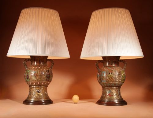 Large Exceptional and Impressive Pair of Bronze and Enamel Champlevé Japanese Table Lamps.