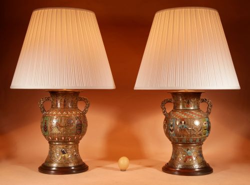 Large Exceptional and Impressive Pair of Bronze and Enamel Champlevé Japanese Table Lamps.