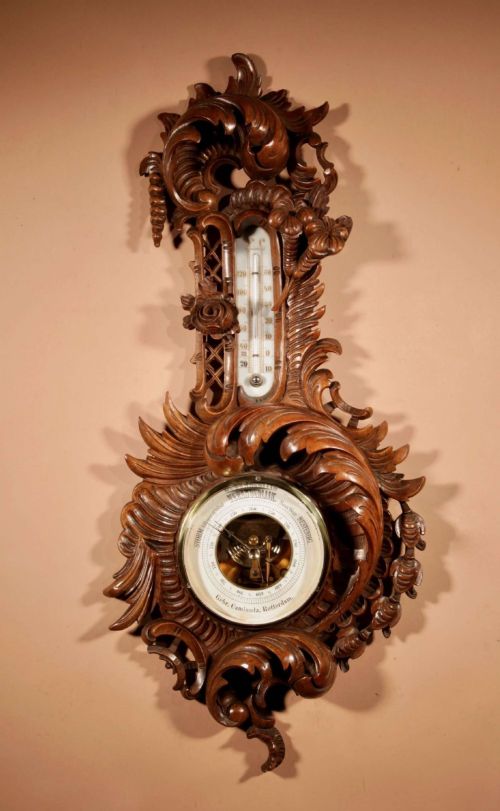 Black Forest Walnut Rocaile Very Fine Carved Aneroid Barometer Circa 1890.