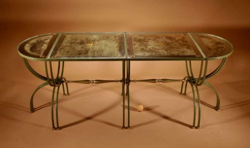 Exceptional Four Parts Art Deco Wrought Iron, Brass and Original Glass French Coffee Table.