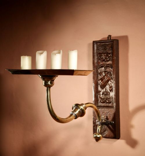 A Rare Impressive, Brass and Oak Wall Hanging Pricket Candle Holder.