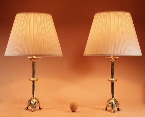 A Pair Of Fine Cast Brass Table lamps, In The early Gothic Style.