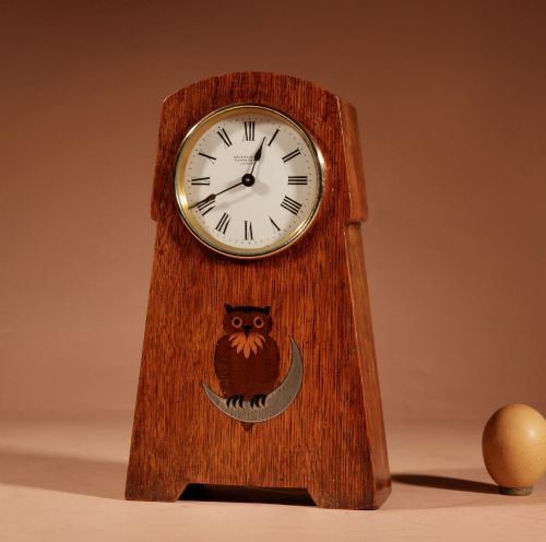 Oetzmann & Co Arts and Craft Signed Very Decorative Owl Inlaid Oak Mantel Clock Circa 1900