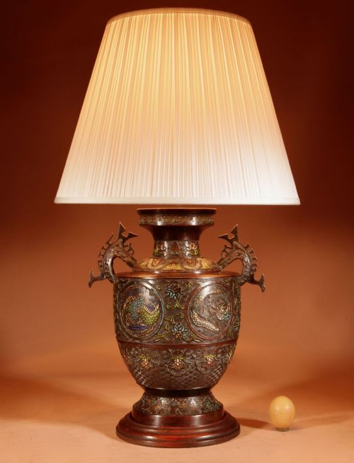 A Large Impressive Champlevé Japanese Bronze Table Lamp.